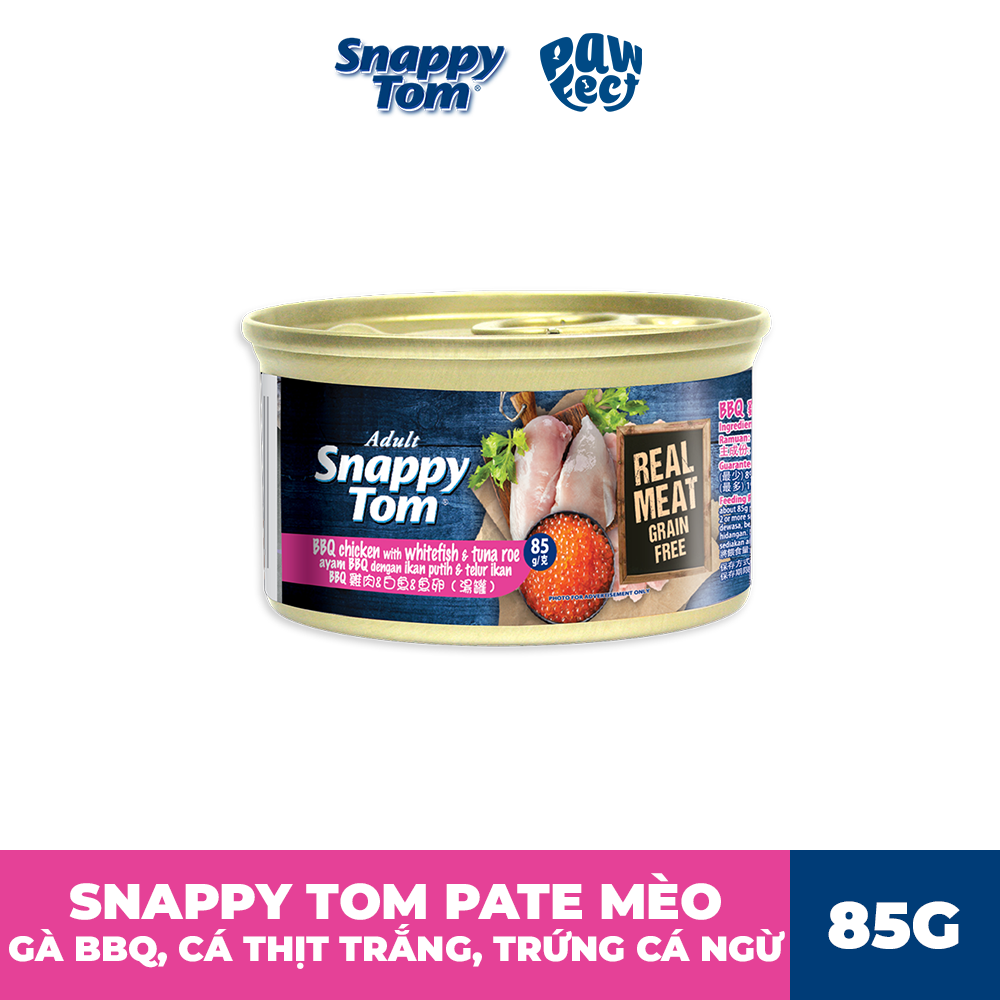 Snappy Tom Premium Gà nướng BBQ, cá trắng & trứng cá ngừ 85g