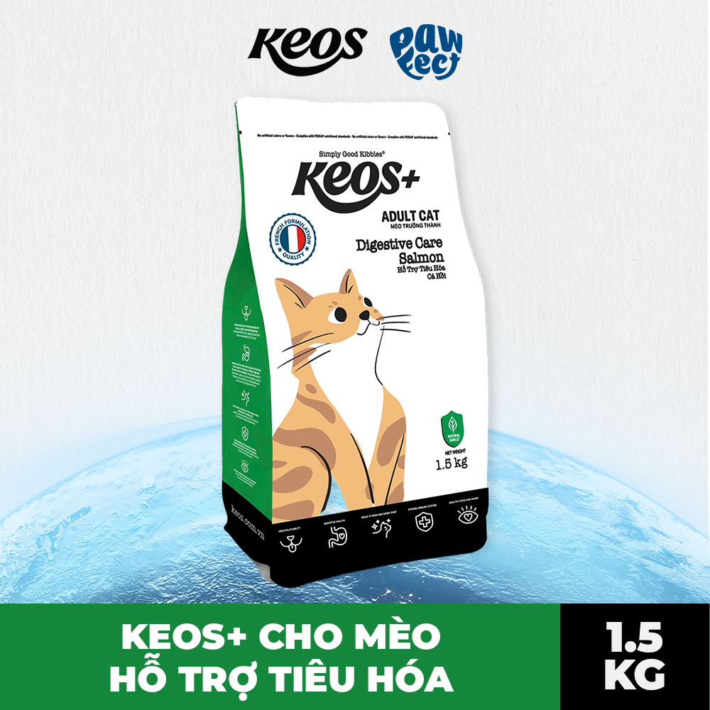 Keos+ Hạt Khô Cho Mèo Trưởng Thành Vị Cá Hồi – Digestive Care Hỗ Trợ Tiêu Hóa, Miễn Dịch & Mắt Tim Khỏe Mạnh