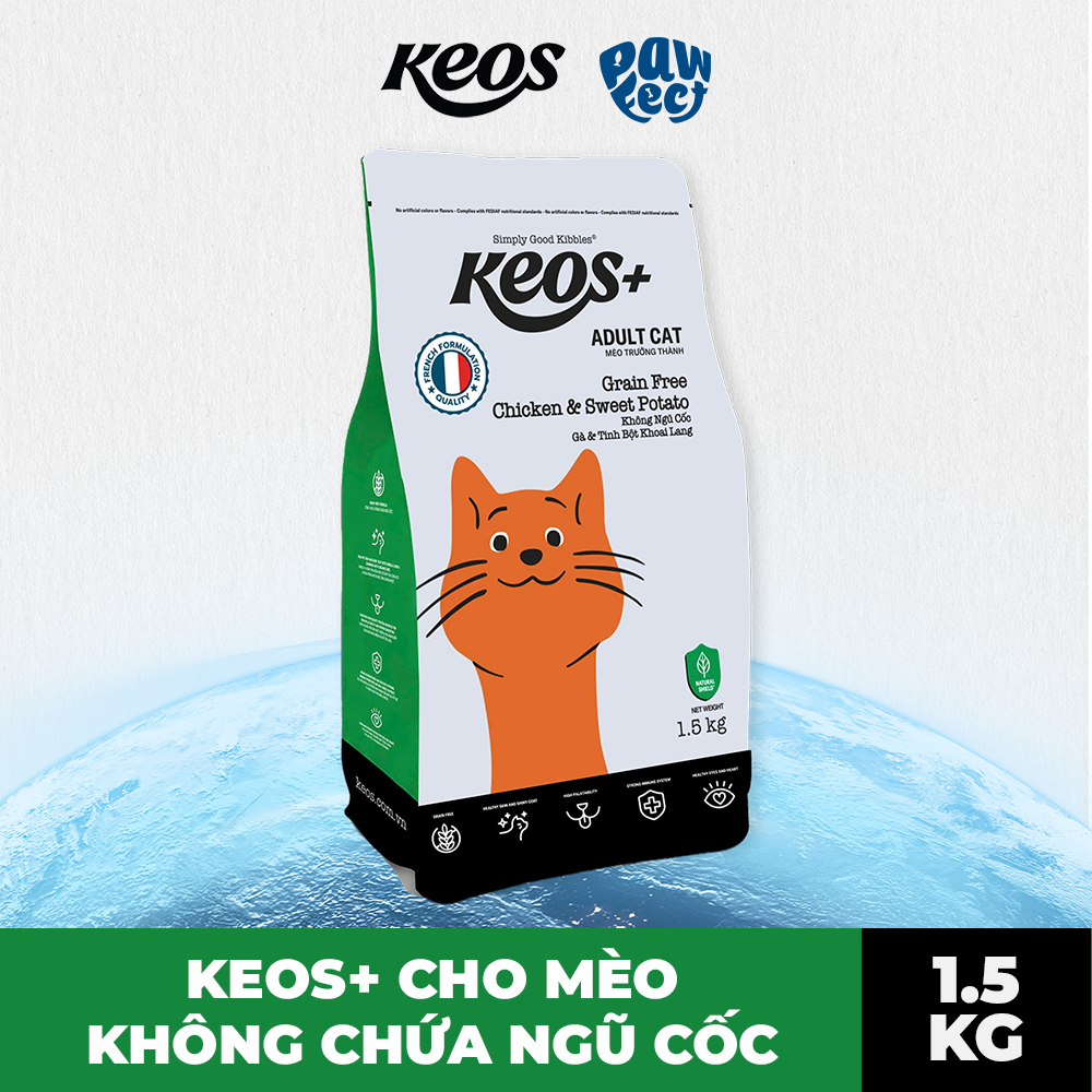 Keos+ Hạt Khô Cho Mèo Trưởng Thành Vị Gà & Khoai Lang – Grain Free Không Chứa Ngũ Cốc, Khỏe Da Đẹp Lông, Mắt Tim Khỏe Mạnh