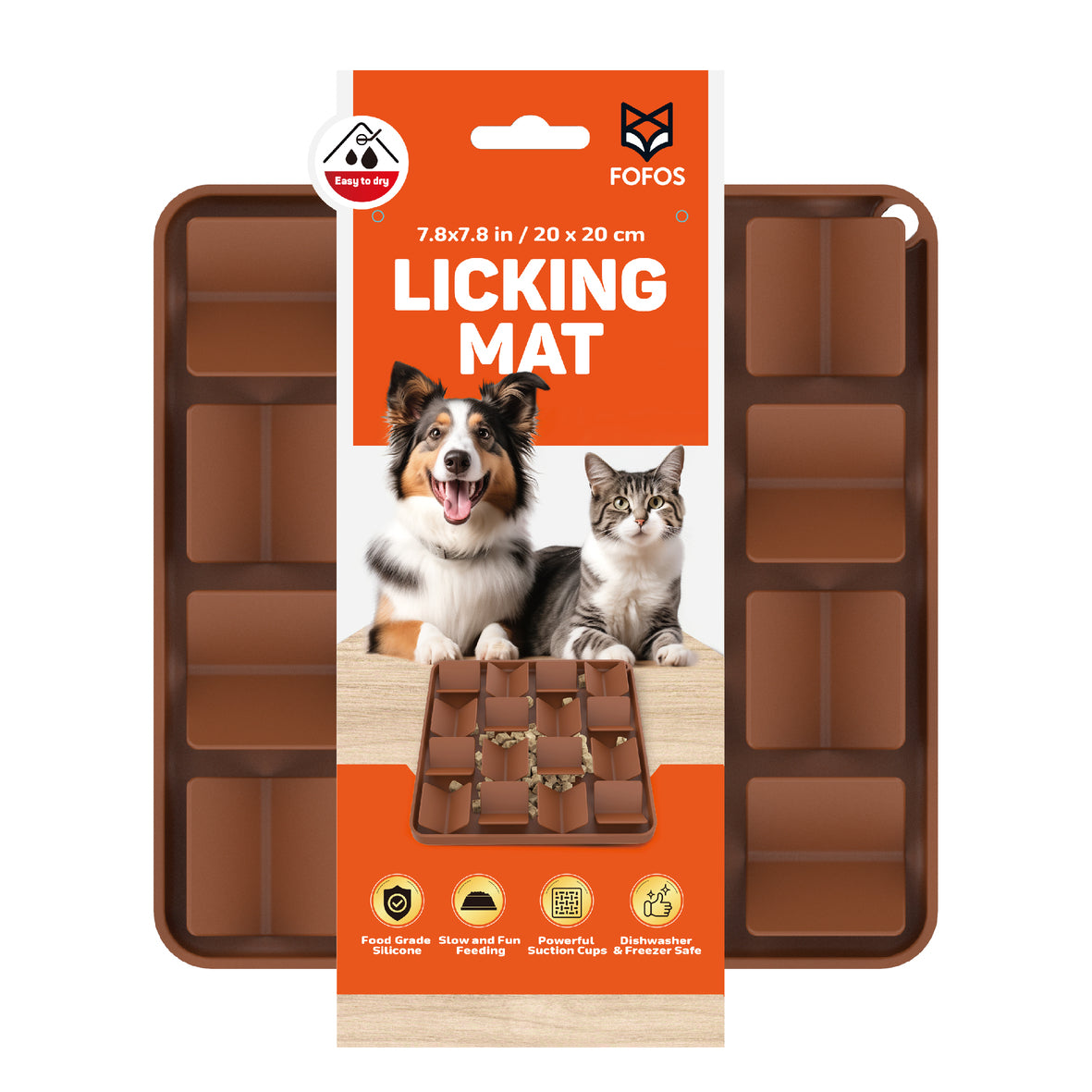 FOFOS Licking Mat – Thảm Liếm Silicone Cho Chó Mèo Giảm Lo Âu, Chậm Ăn & Sạch Răng (Màu Nâu Đậm)