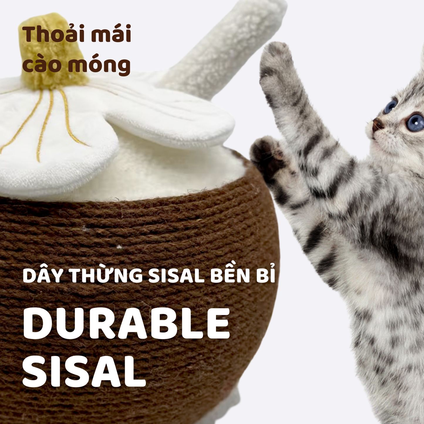 FOFOS Trụ Cào Móng Hình Trái Dừa Kèm Hoa Trang Trí Cho Mèo – Dây Sisal Tự Nhiên 28.5x25cm