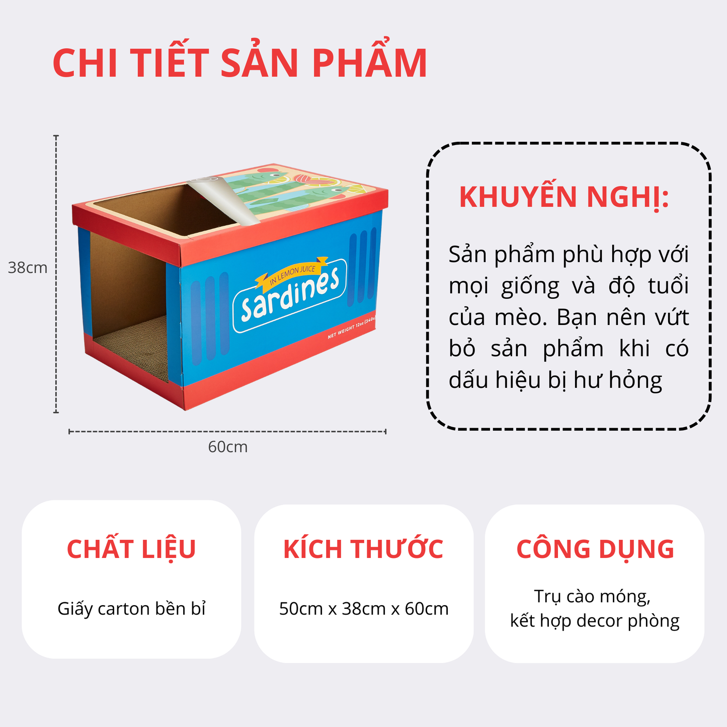 FOFOS Hộp Cào Móng Cho Mèo Hình Hộp Cá Mòi - Đồ Chơi Mèo Đa Năng, Thân Thiện Môi Trường