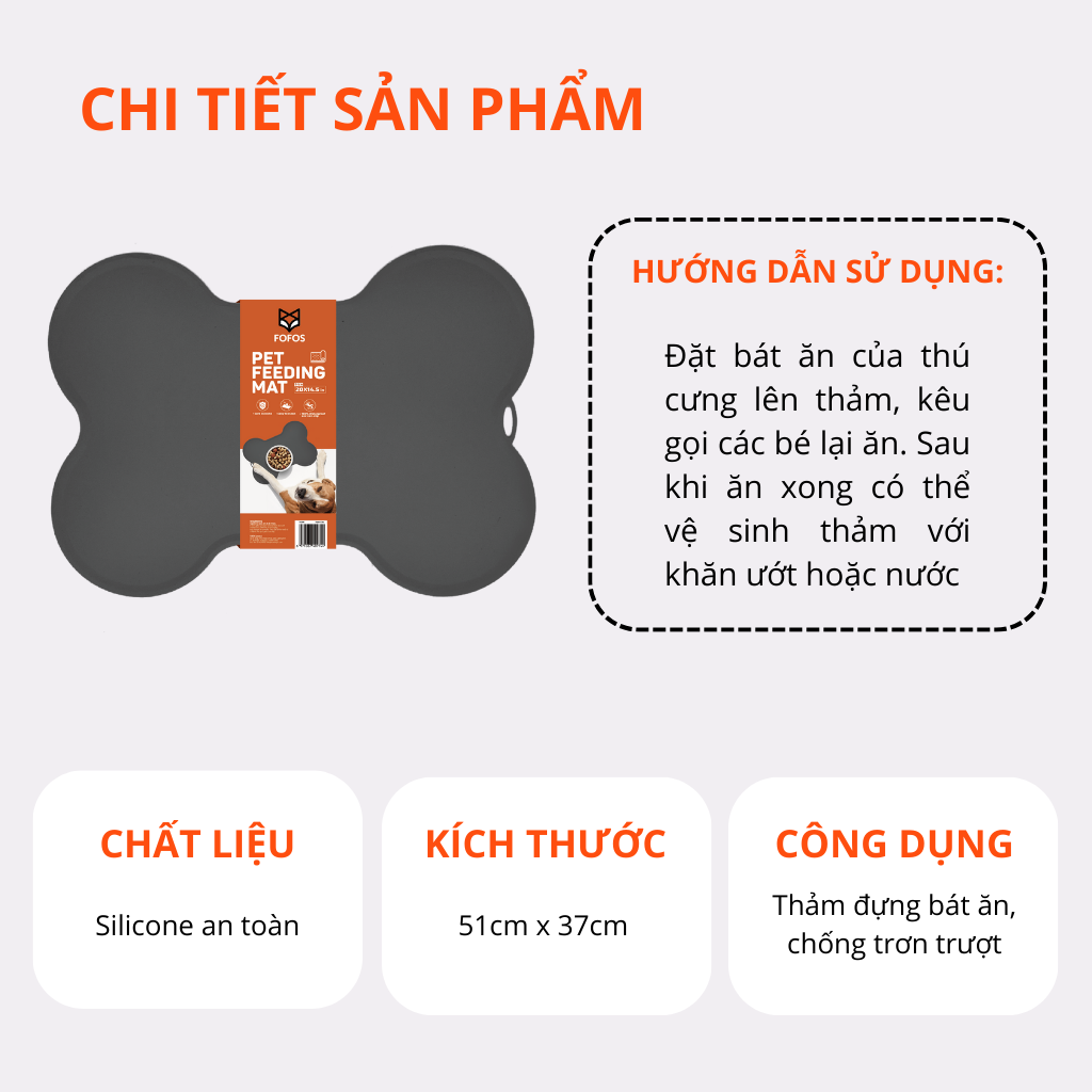 FOFOS Thảm Silicon Lót Bát Ăn Hình Xương Chống Trượt, Chống Thấm Nước Cho Chó Mèo