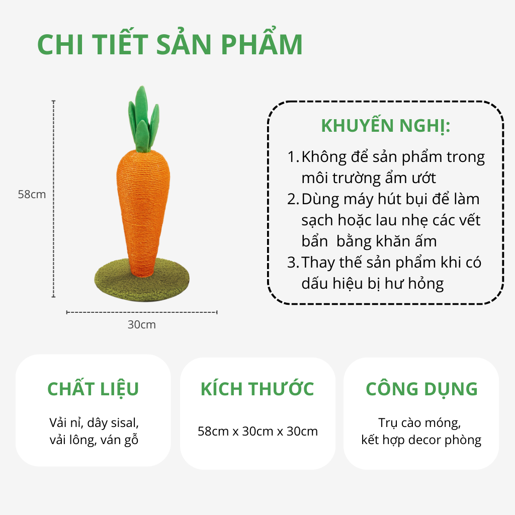 FOFOS Trụ Cào Móng Hình Cà Rốt Cho Mèo – Dây Sisal Tự Nhiên, Có Cỏ Bạc Hà 58x30x30cm