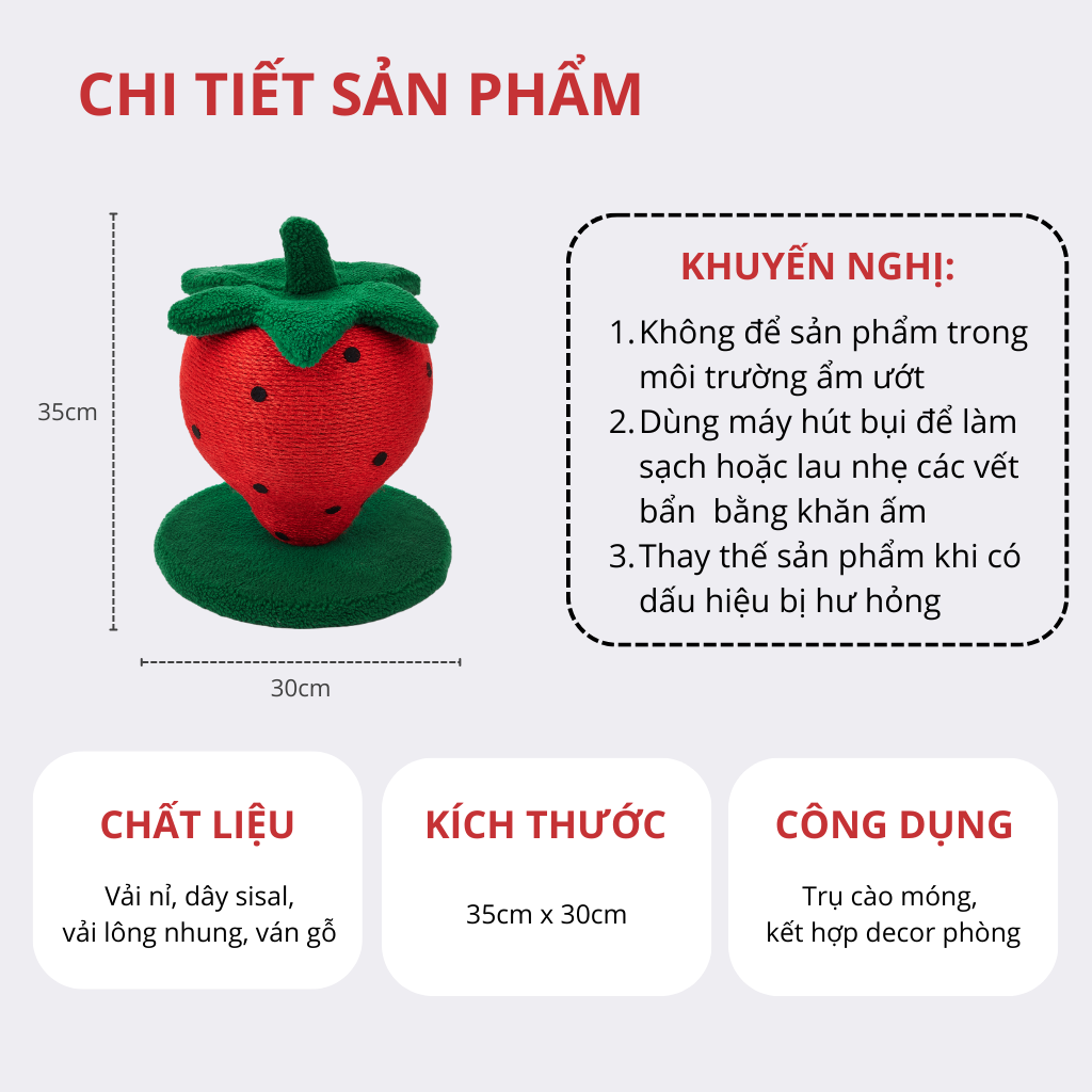 FOFOS Trụ Cào Móng Hình Quả Dâu Tây Cho Mèo – Chất Liệu Sisal Tự Nhiên 35x30x30cm