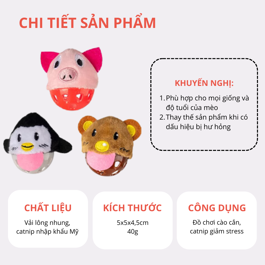 FOFOS Bóng Chuông Có Cỏ Bạc Hà Cho Mèo – Đồ Chơi Bóng Lông Xù Màu Ngẫu Nhiên Hình Con Vật