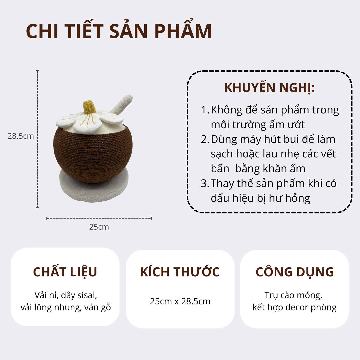 FOFOS Trụ Cào Móng Hình Trái Dừa Kèm Hoa Trang Trí Cho Mèo – Dây Sisal Tự Nhiên 28.5x25cm