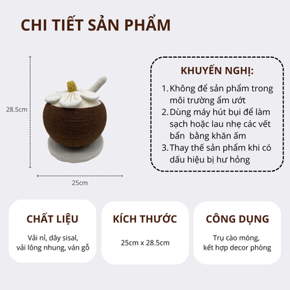 FOFOS Trụ Cào Móng Hình Trái Dừa Kèm Hoa Trang Trí Cho Mèo – Dây Sisal Tự Nhiên 28.5x25cm