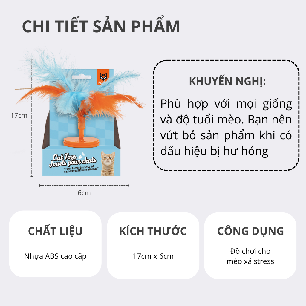 FOFOS Bập Bênh Lông Vũ - Bản Dùng Pin – Đồ Chơi Lắc Lư Phát Âm Thanh Chim Cho Mèo