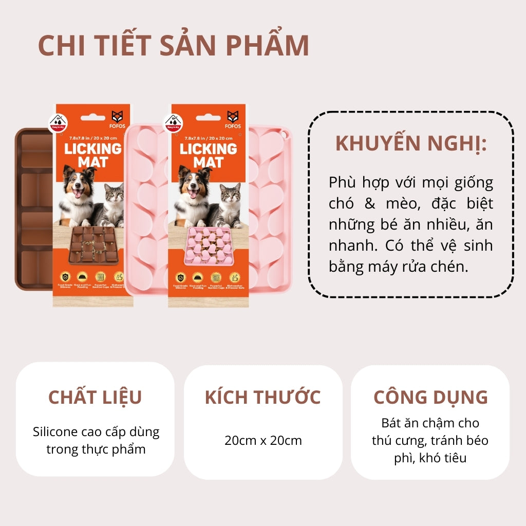 FOFOS Licking Mat – Thảm Liếm Silicone Cho Chó Mèo Giảm Lo Âu, Chậm Ăn & Sạch Răng (Màu Nâu Đậm)