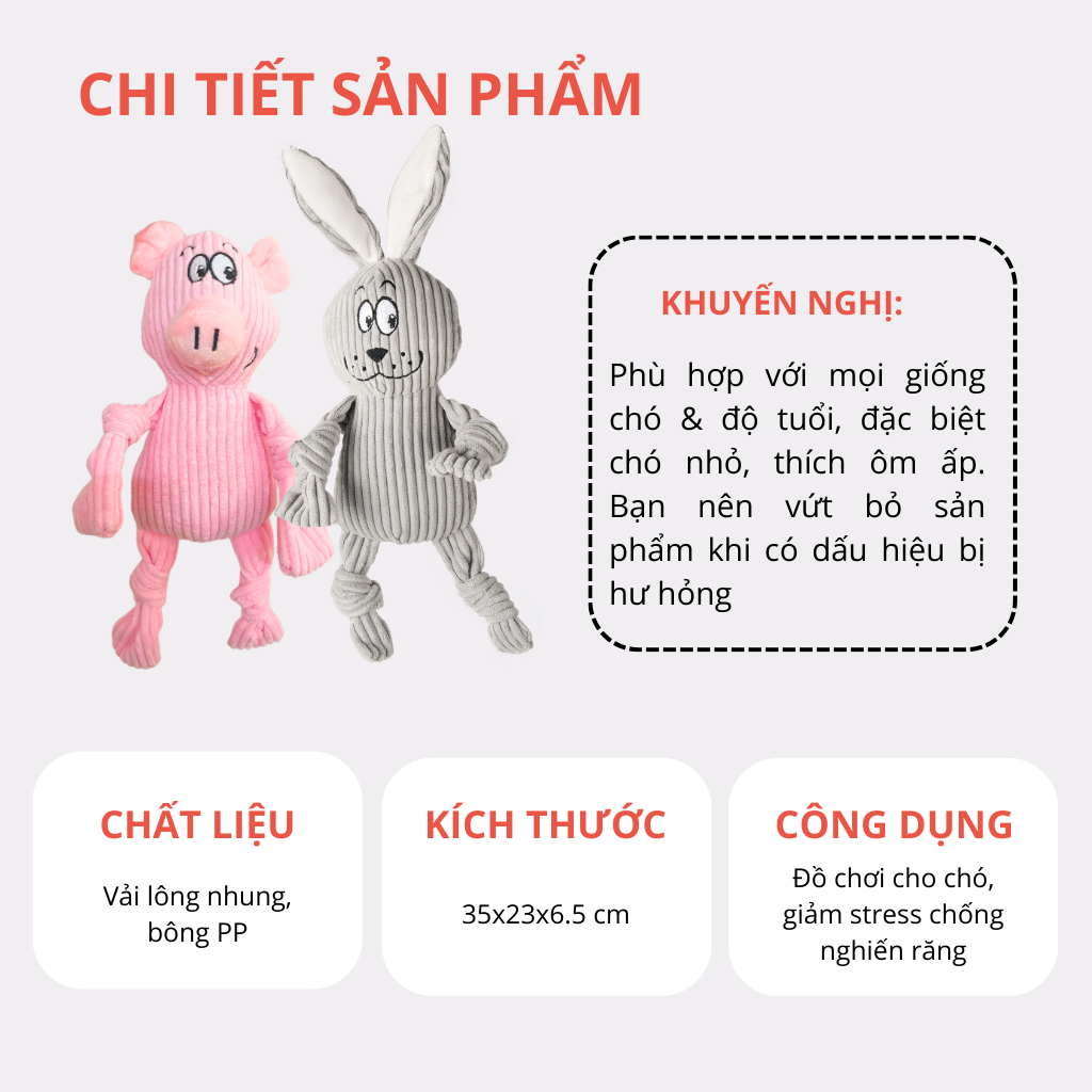FOFOS Đồ Chơi Nhồi Bông Hình Chú Lợn Xù Lông Có Còi Kêu Cho Chó – Màu Hồng, Vải Corduroy Mềm Mại