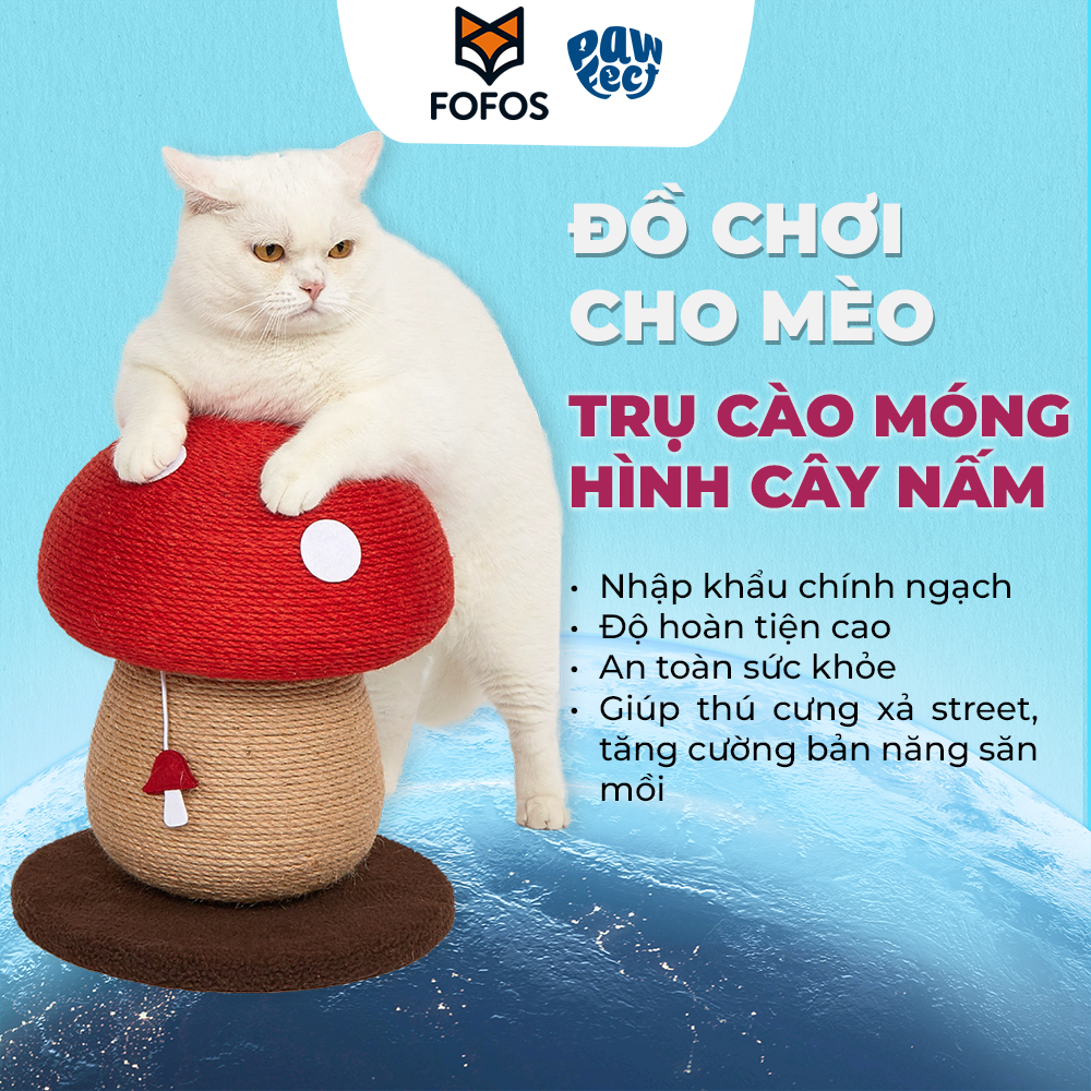 FOFOS Trụ Cào Móng Hình Cây Nấm Cho Mèo Kèm Bóng Treo – Chất Liệu Đay Tự Nhiên 34x29x29cm