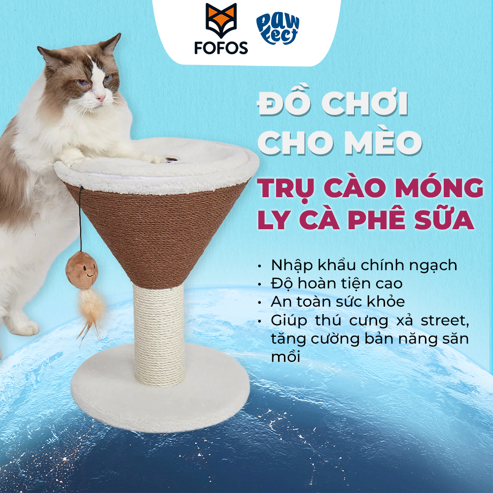 FOFOS Trụ Cào Móng Hình Ly Cà Phê Espresso Martini Cho Mèo – Kèm Bóng Lông Vũ Treo 42x35x35cm