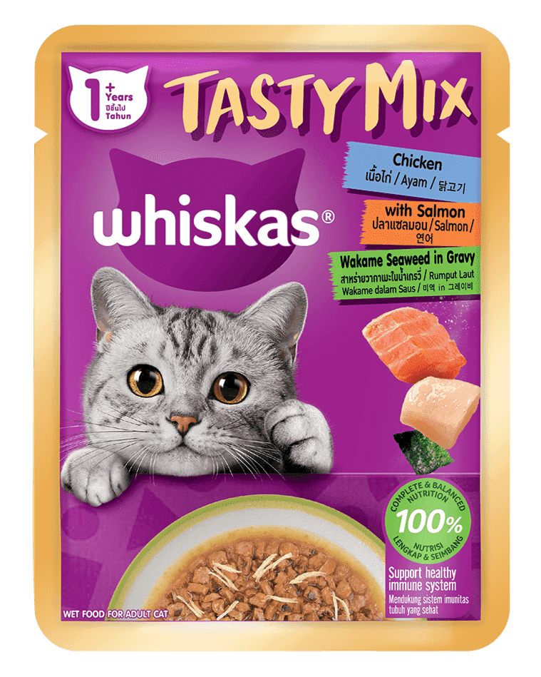 Whiskas Tasty Mix Dạng Sốt Vị Gà, Cá Hồi & Wakame Rong Biển