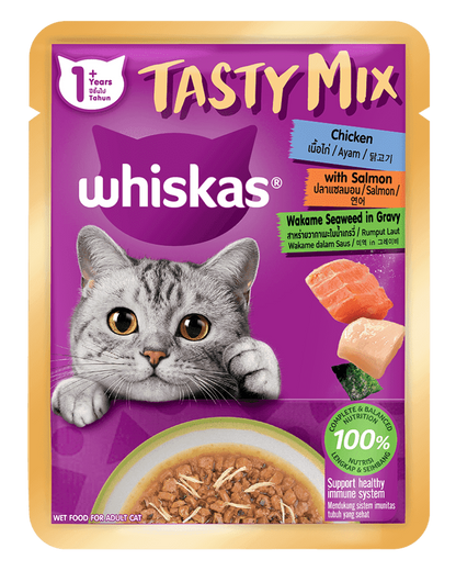 Whiskas Tasty Mix Dạng Sốt Vị Gà, Cá Hồi & Wakame Rong Biển