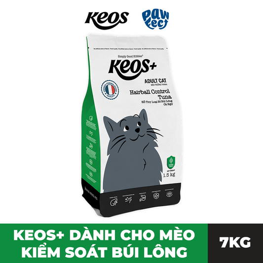 Keos+ Thức Ăn Hạt 7kg Cao Cấp Ngăn Ngừa Búi Lông Cho Mèo Vị Cá Ngừ