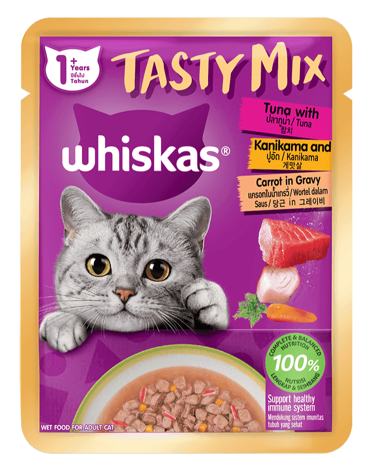 Whiskas Tasty Mix Dạng Sốt Vị Cá Ngừ, Thanh Cua Kanikama & Cà Rốt