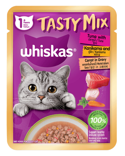 Whiskas Tasty Mix Dạng Sốt Vị Cá Ngừ, Thanh Cua Kanikama & Cà Rốt