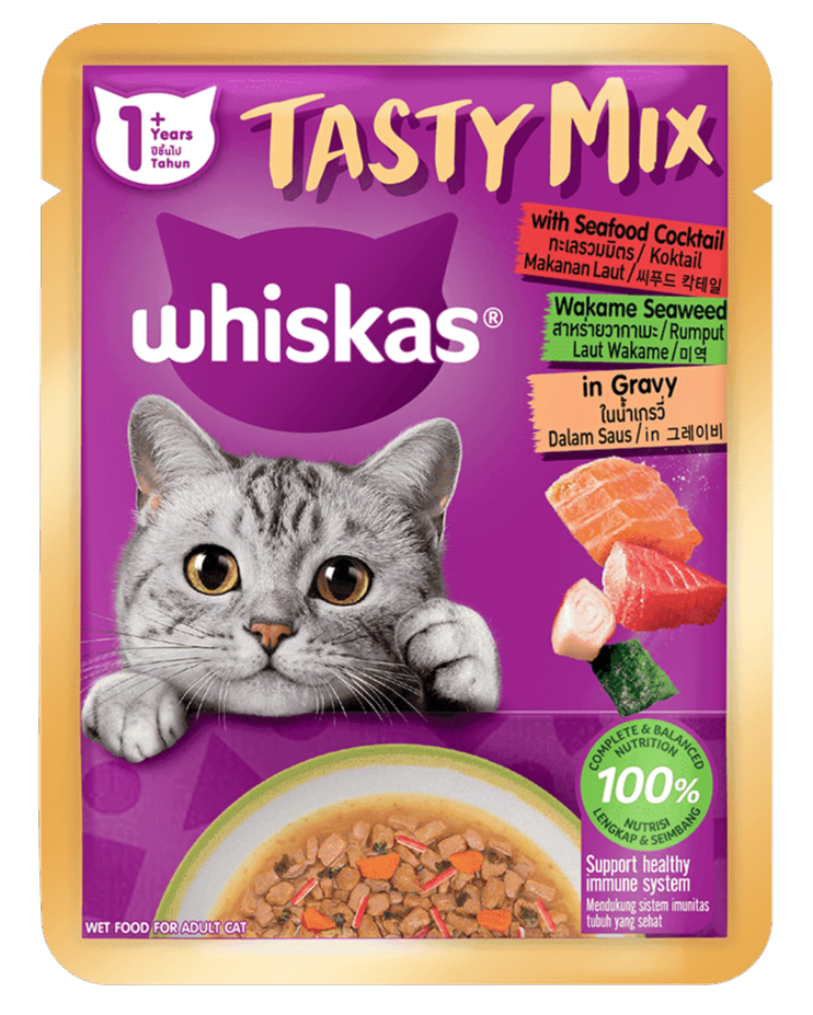 Whiskas Tasty Mix Dạng Sốt Cho Mèo Vị Hải Sản Cocktail & Rong Biển Wakame