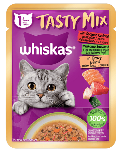 Whiskas Tasty Mix Dạng Sốt Cho Mèo Vị Hải Sản Cocktail & Rong Biển Wakame