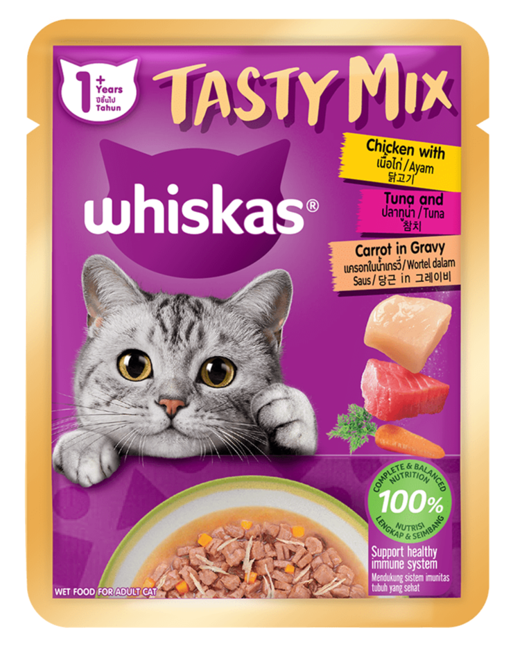 Whiskas Tasty Mix Dạng Sốt Cho Mèo Vị Gà, Cá Ngừ & Cà Rốt