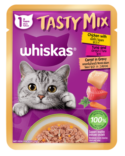 Whiskas Tasty Mix Dạng Sốt Cho Mèo Vị Gà, Cá Ngừ & Cà Rốt