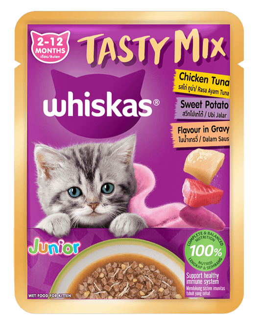 Whiskas Tasty Mix Dạng Sốt Cho Mèo Con Vị Gà, Cá Ngừ, Khoai Lang