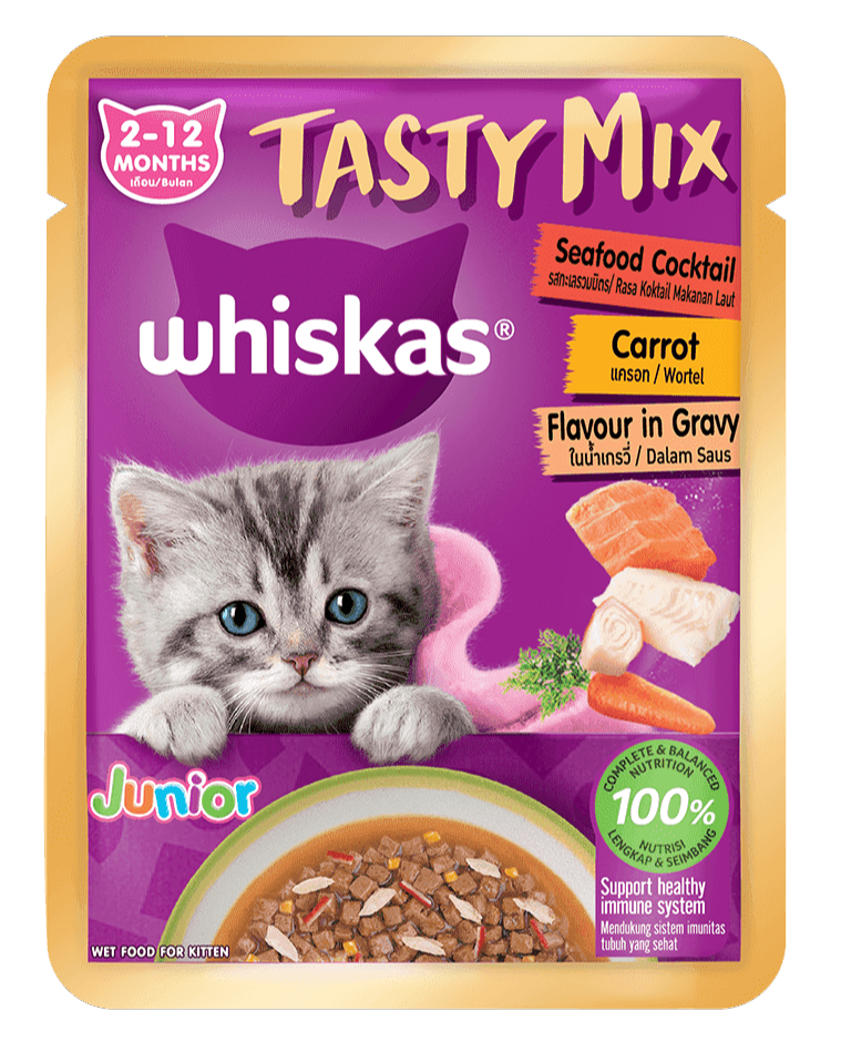 Whiskas Tasty Mix Junior Dạng Sốt Cho Mèo Con Vị Cà Rốt, Cocktail Hải Sản