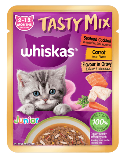 Whiskas Tasty Mix Junior Dạng Sốt Cho Mèo Con Vị Cà Rốt, Cocktail Hải Sản