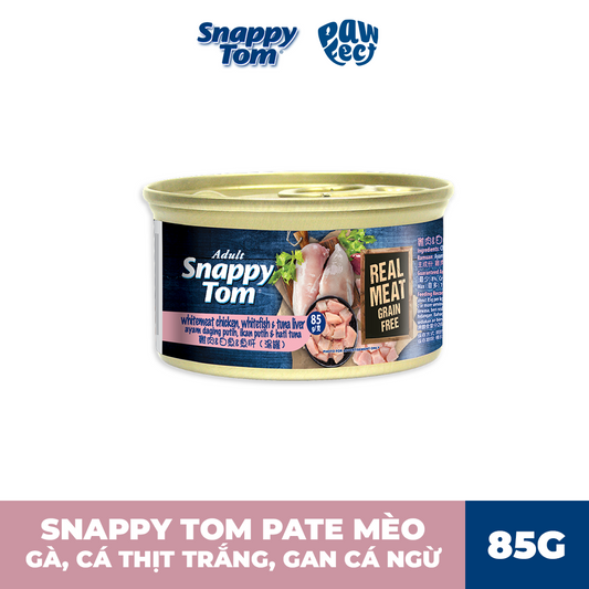 Snappy Tom Premium gà thịt trắng, cá thịt trắng và gan cá ngừ 85g