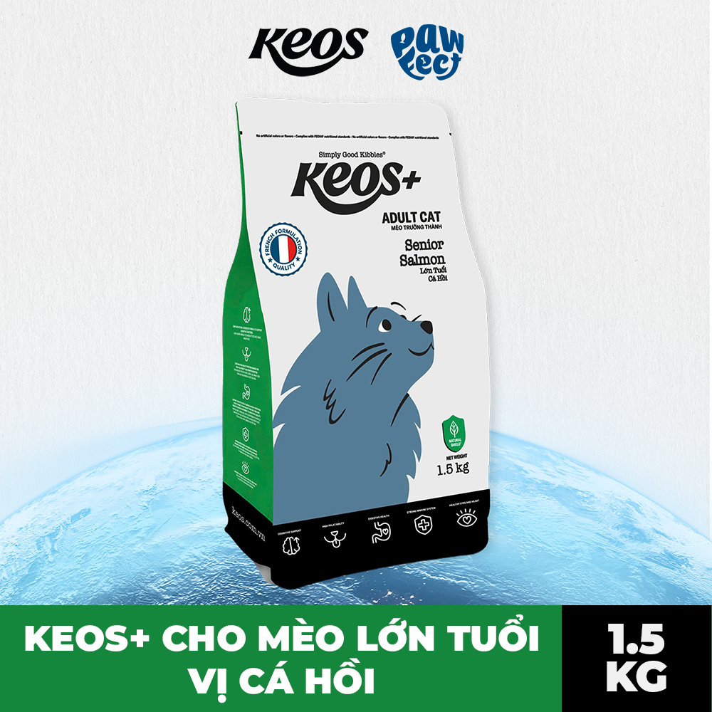Keos+ Hạt Khô Cho Mèo Lớn Tuổi Vị Cá Hồi – Senior Hỗ Trợ Nhận Thức, Tiêu Hóa & Mắt Tim Khỏe Mạnh