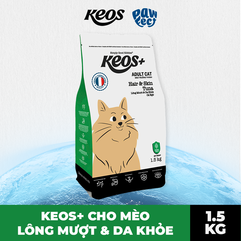 Keos+ Hạt Khô Cho Mèo Trưởng Thành Vị Cá Ngừ – Hair & Skin Hỗ Trợ Da Khỏe, Lông Bóng Mượt
