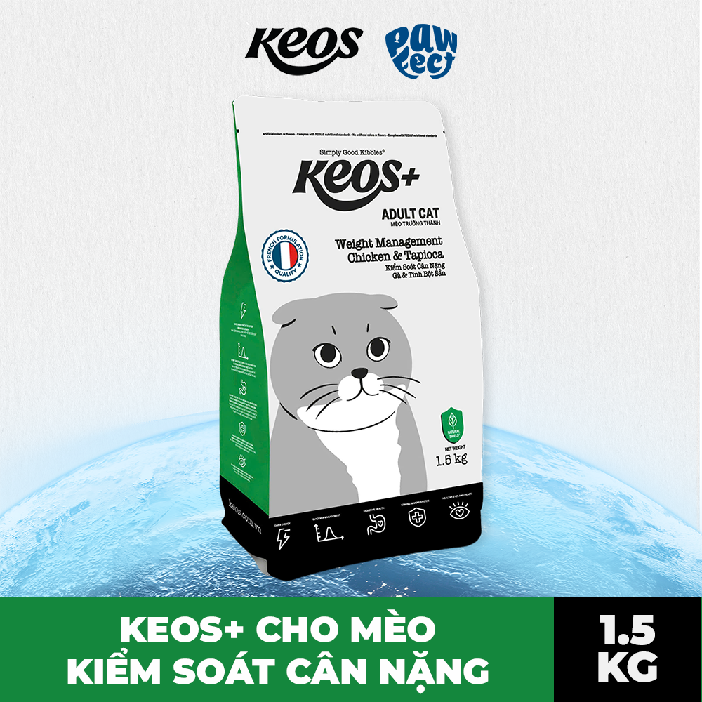 Keos+ Hạt Khô Cho Mèo Trưởng Thành Vị Gà & Tapioca – Weight Management Hỗ Trợ Kiểm Soát Cân Nặng