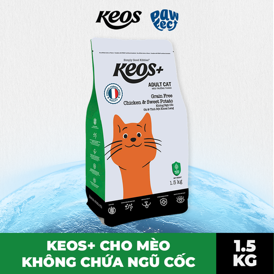Keos+ Hạt Khô Cho Mèo Trưởng Thành Vị Gà & Khoai Lang – Grain Free Không Chứa Ngũ Cốc, Khỏe Da Đẹp Lông, Mắt Tim Khỏe Mạnh