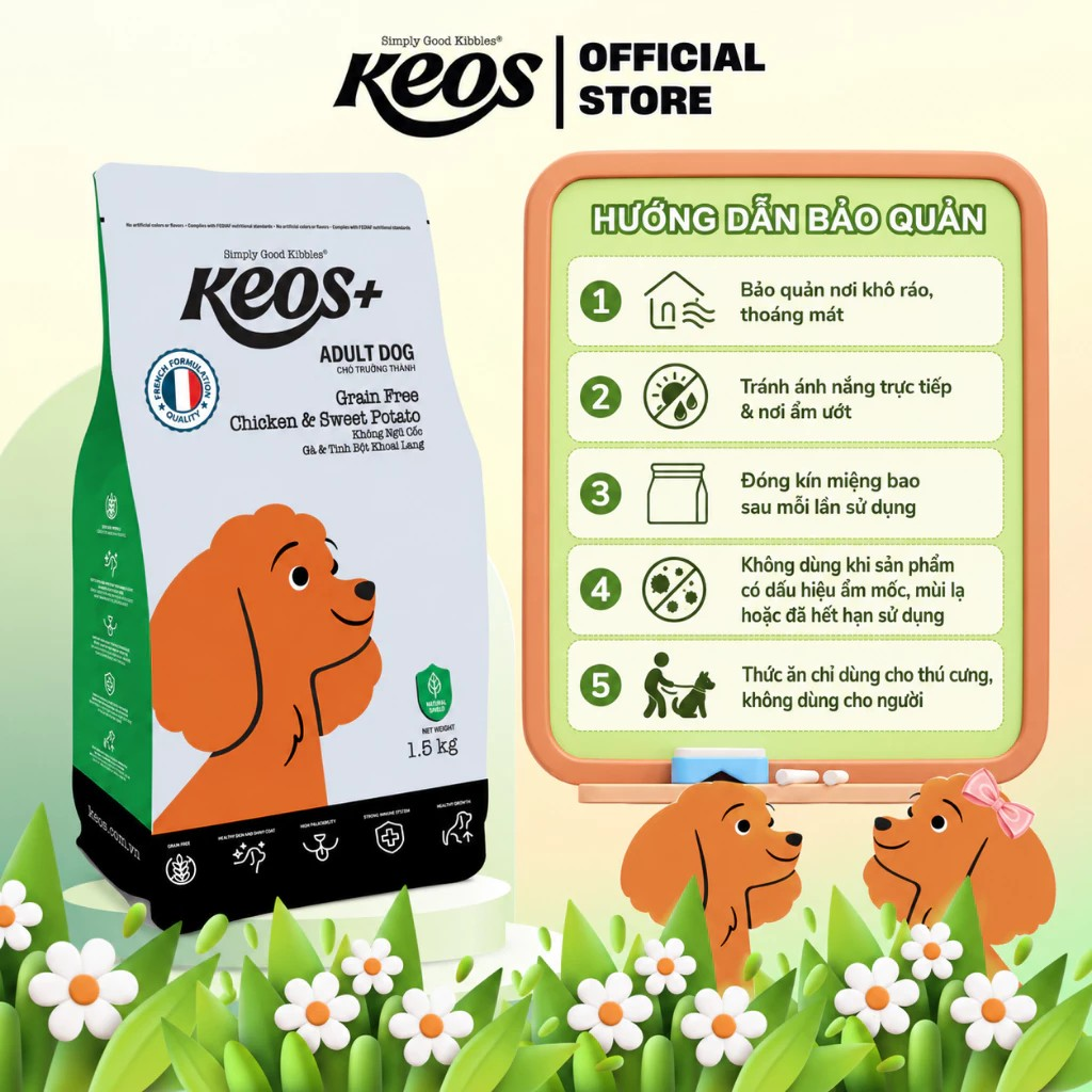 Keos+ Hạt Khô Cho Chó Trưởng Thành Vị Gà & Khoai Lang – Grain Free Không Chứa Ngũ Cốc, Khỏe Da Mượt Lông