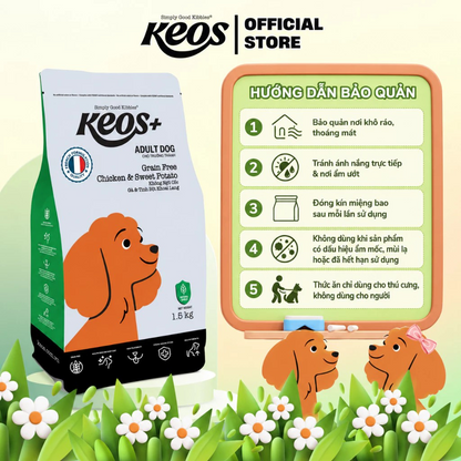 Keos+ Hạt Khô Cho Chó Trưởng Thành Vị Gà & Khoai Lang – Grain Free Không Chứa Ngũ Cốc, Khỏe Da Mượt Lông