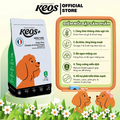 Keos+ Hạt Khô Cho Chó Trưởng Thành Vị Gà & Khoai Lang – Grain Free Không Chứa Ngũ Cốc, Khỏe Da Mượt Lông