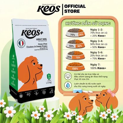 Keos+ Hạt Khô Cho Chó Trưởng Thành Vị Gà & Khoai Lang – Grain Free Không Chứa Ngũ Cốc, Khỏe Da Mượt Lông