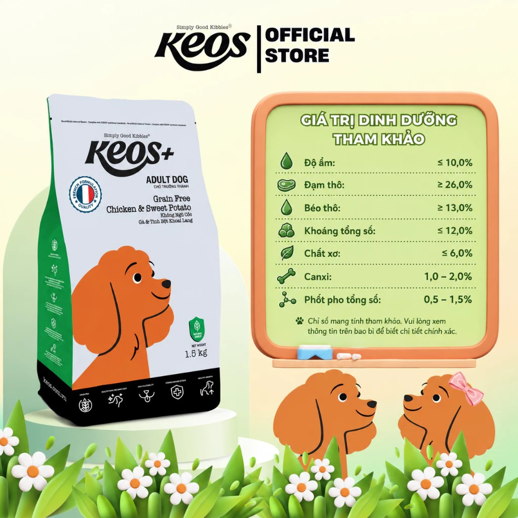 Keos+ Hạt Khô Cho Chó Trưởng Thành Vị Gà & Khoai Lang – Grain Free Không Chứa Ngũ Cốc, Khỏe Da Mượt Lông