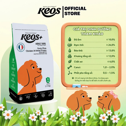 Keos+ Hạt Khô Cho Chó Trưởng Thành Vị Gà & Khoai Lang – Grain Free Không Chứa Ngũ Cốc, Khỏe Da Mượt Lông