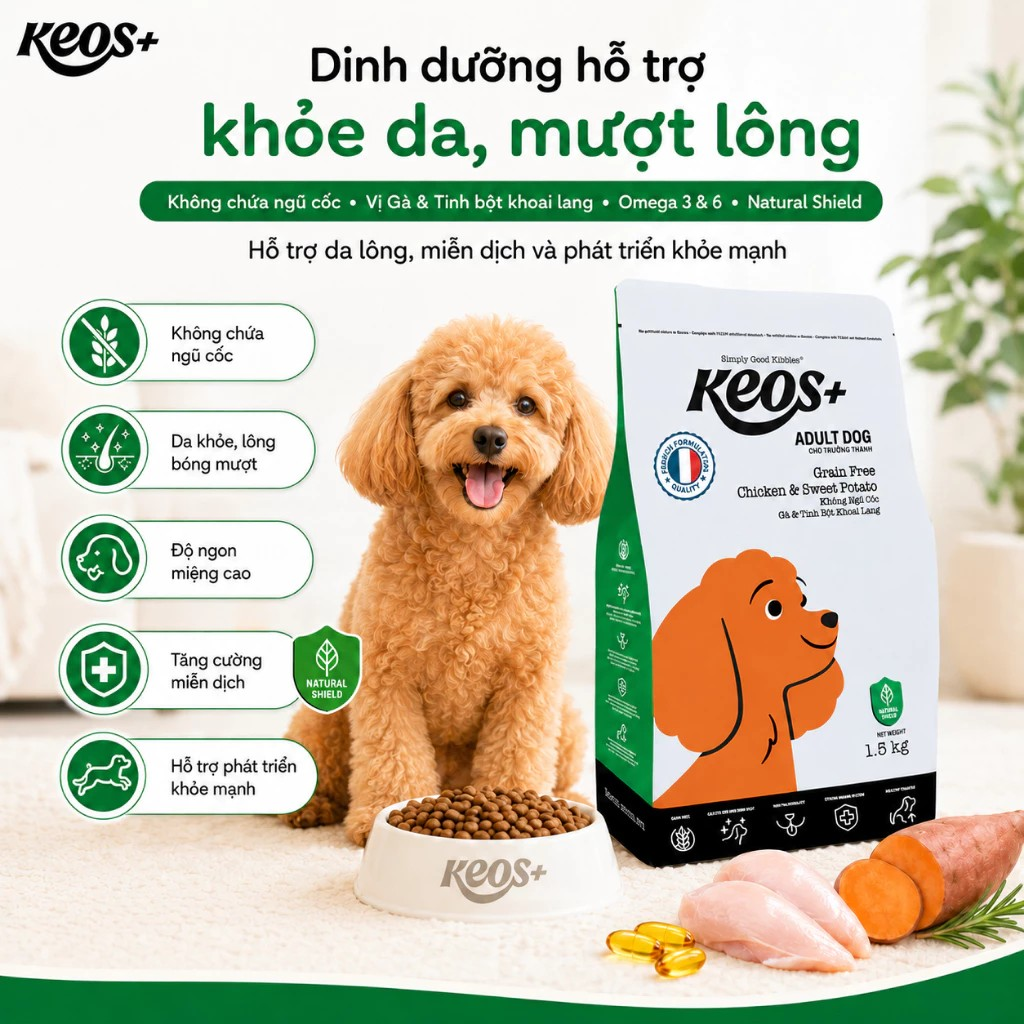 Keos+ Hạt Khô Cho Chó Trưởng Thành Vị Gà & Khoai Lang – Grain Free Không Chứa Ngũ Cốc, Khỏe Da Mượt Lông