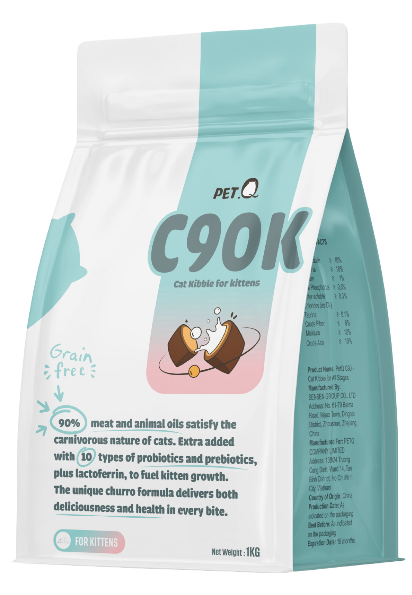 PetQ Churro C90K Thức Ăn Hạt Cho Mèo Con Túi 1kg